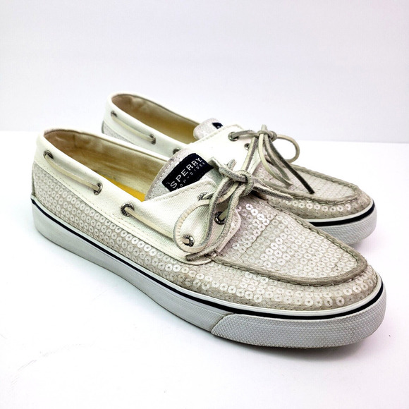 Sperry Top Sider Womens Size 9.5 White Sequin Slip On Casual Boat Shoes 9447160 - Picture 1 of 12